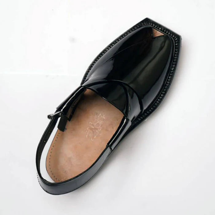 Handmade Black Patent Leather Chappal with Single Sole –464800
