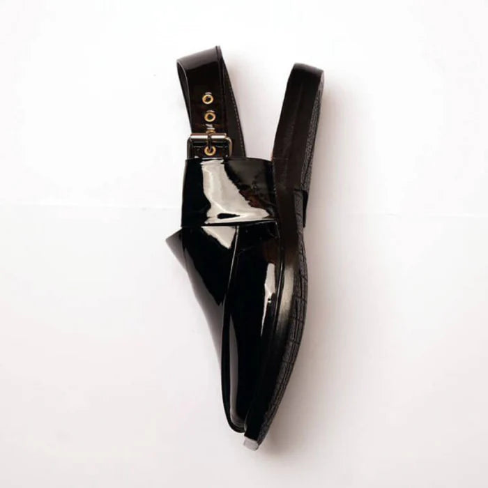 Handmade Black Patent Leather Chappal with Single Sole –464800
