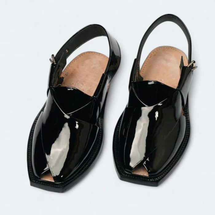Handmade Black Patent Leather Chappal with Single Sole –464800