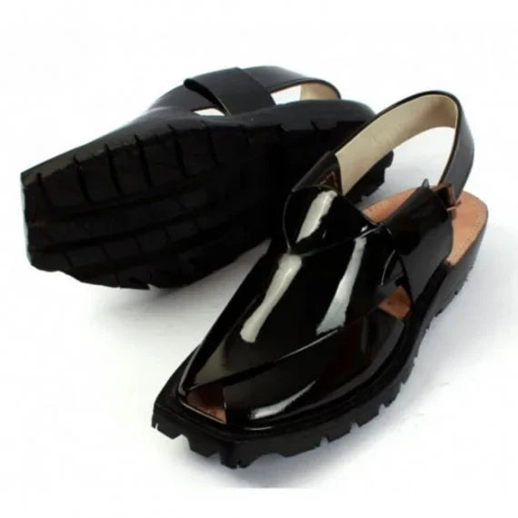 Handmade Black Patent Leather Chappal with Double Sole –464800
